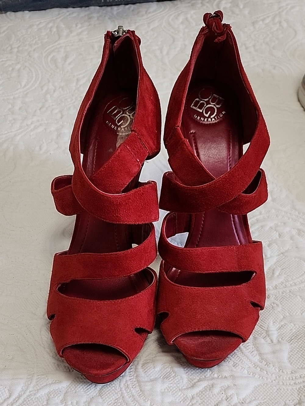 BCBG Red Suede Multi-Strap Peep-Toe Heels